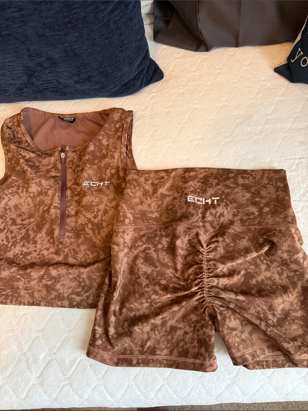 ECHT Brown Marble Zip Crop Tank & High-Waist Bike Shorts Activewear Set